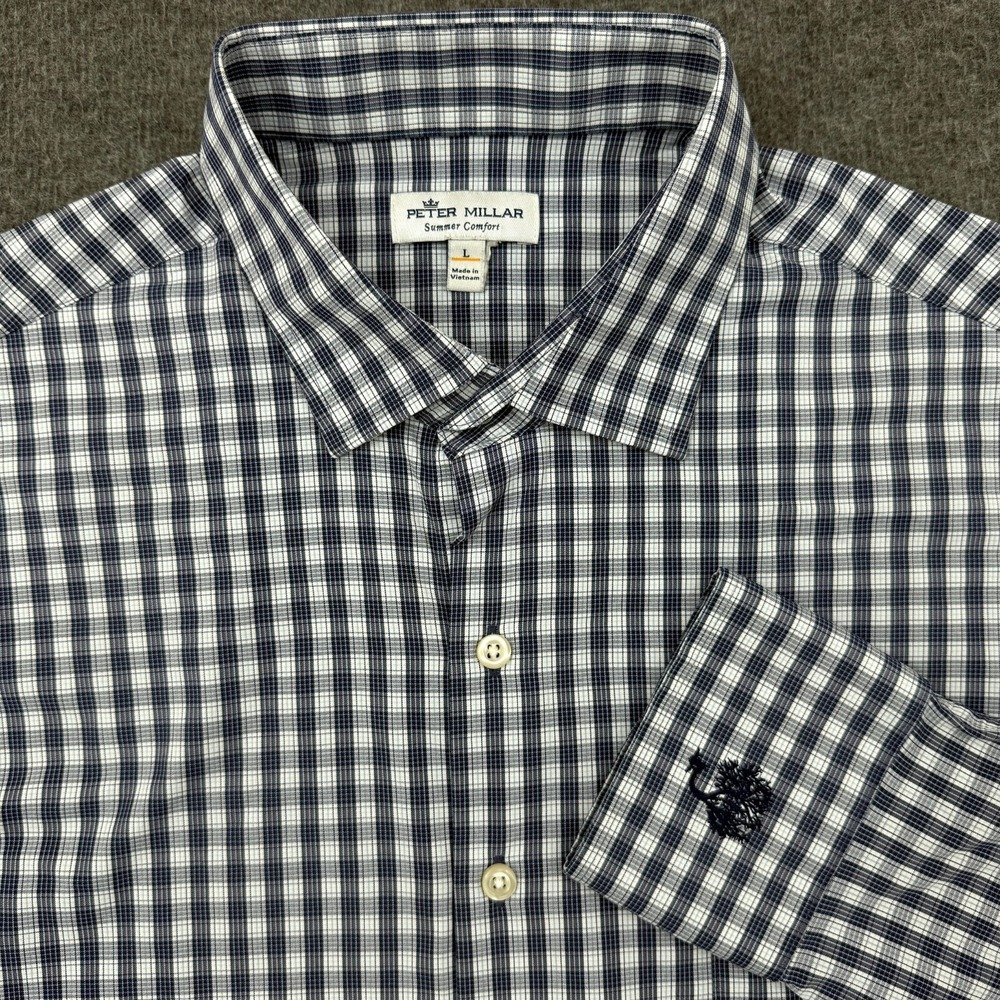 Peter Millar Shirt Mens Large Blue Bent‎ Pine Golf Summer Comfort Button Stretch